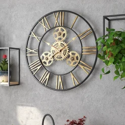 50 cm Noire Industrielle Bois Vintage Pendule Murale Steampunk Chiffres Romains pour Salon Bar Bureau