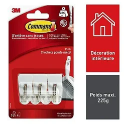 3 crochets adhésifs Command avec pointe en métal, jusque 225 g par crochet