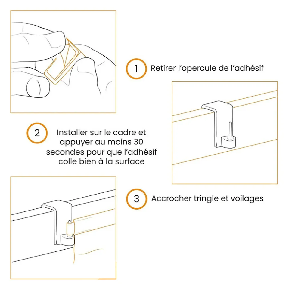 4 Crochets autocollants, pour Tringle à Rideaux et Voilage, Fixation sur Fenêtre, Sans Perçage