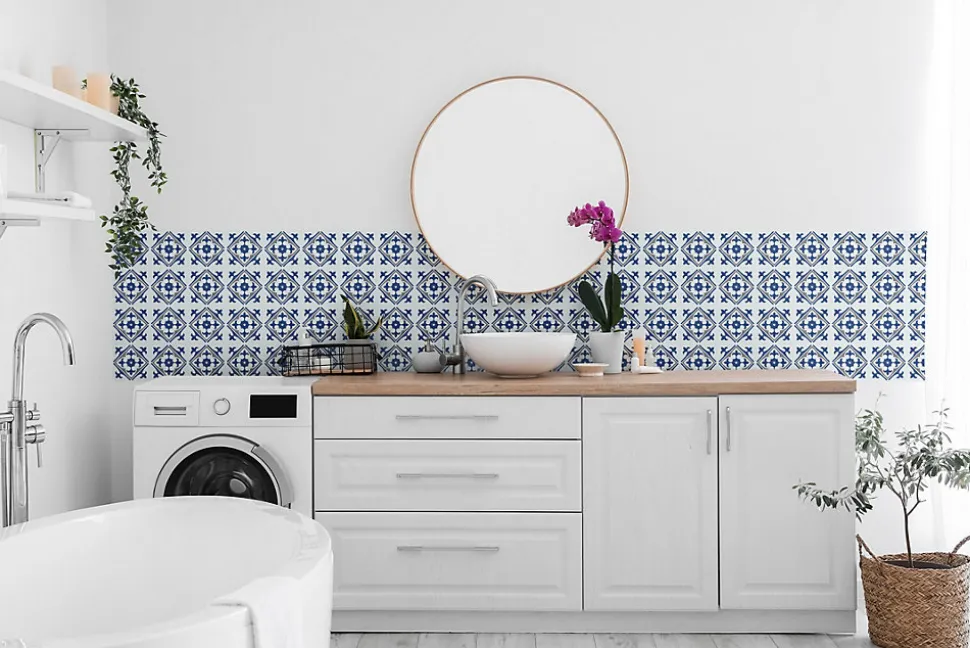 6 dalles adhésive murales Wall Tiles D-C-Fix Nadia effet carreaux de ciment bleu, gris, blanc L.15 x l.15cm