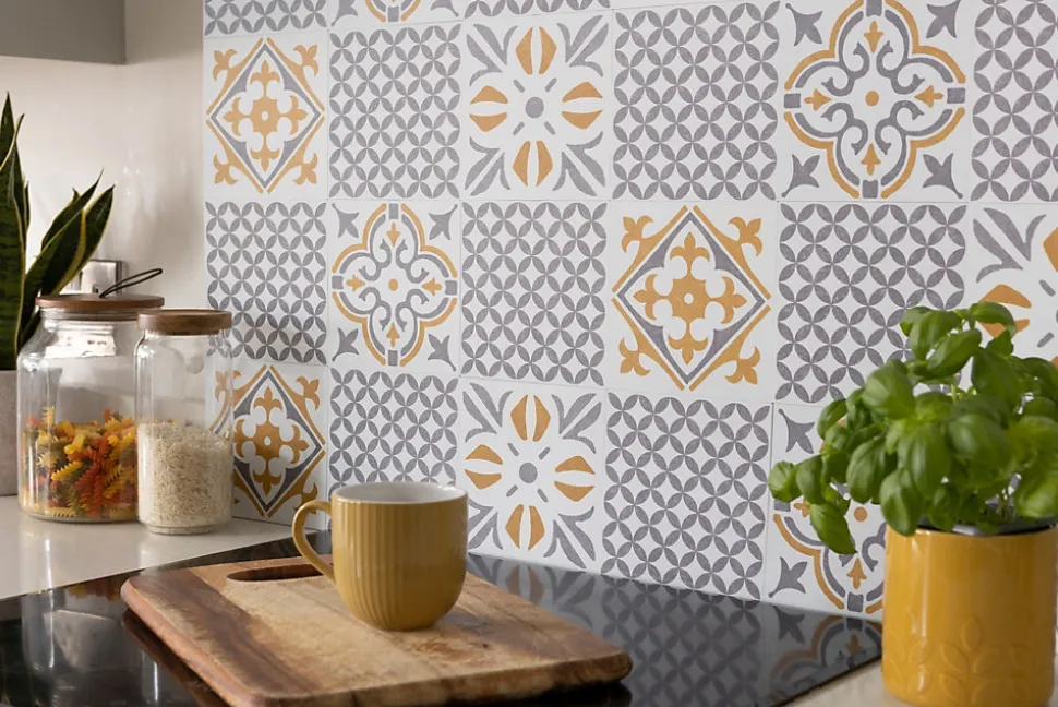 6 dalles adhésive murales Wall Tiles D-C-Fix Jamila effet carreaux de ciment jaune, gris, blanc L.15 x l.15cm