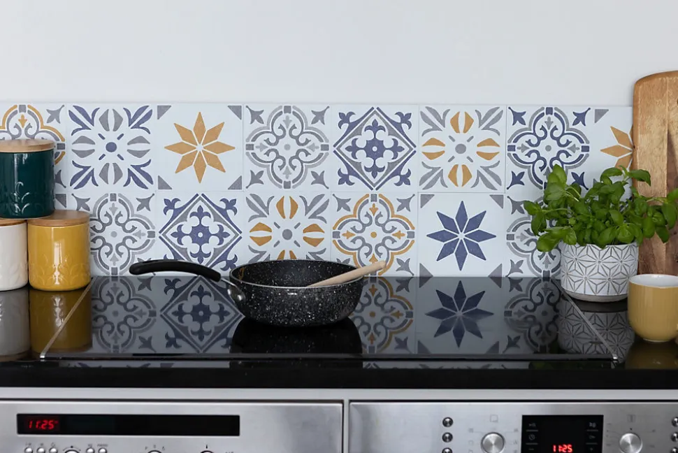 6 dalles adhésive murales Wall Tiles D-C-Fix Jamila effet carreaux de ciment jaune, gris, blanc L.15 x l.15cm