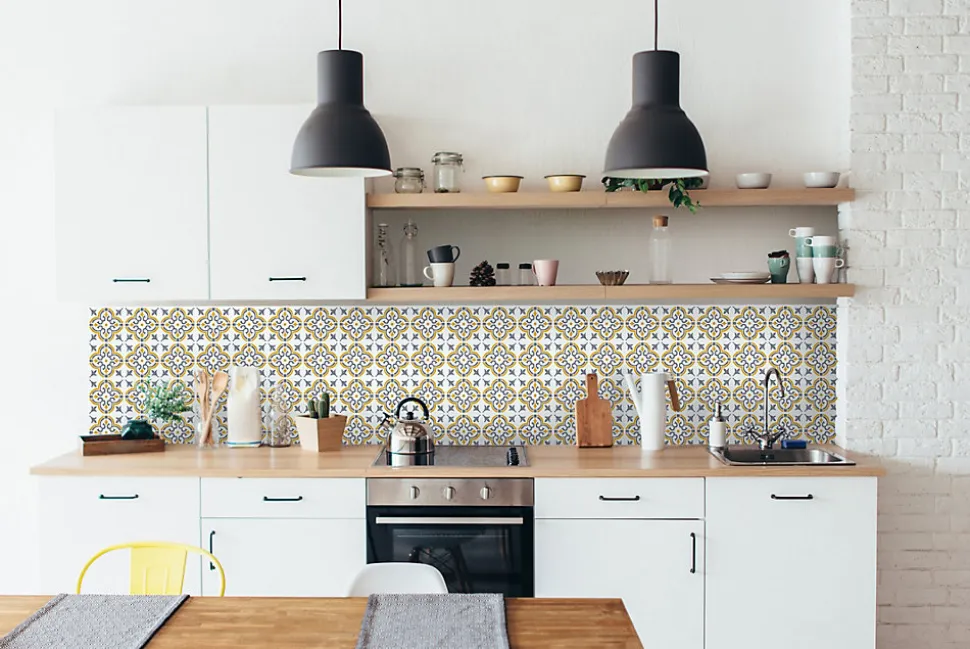 6 dalles adhésive murales Wall Tiles D-C-Fix Jamila effet carreaux de ciment jaune, gris, blanc L.15 x l.15cm