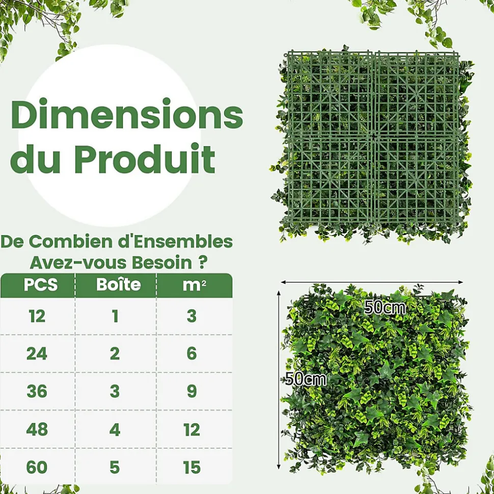 12 Panneaux Plantes Artificielles Muraux 50 X 50 cm Mur Végétal Artificiel pour Intérieur et Extérieur