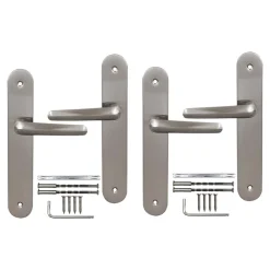 2 poignées de porte sur plaque rond Amga, entraxe 195mm, coloris gris satiné