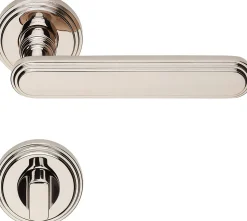 2 poignées rosace ronde, rosace condamnation, finition nickel poli garantie 5 ans, pour porte des WC.