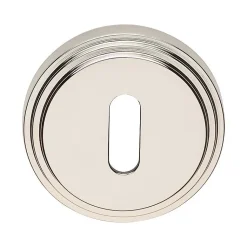 2 poignées rosace ronde, rosace trou de clé L garantie 5 ans, finition nickel poli, pour porte intérieure.