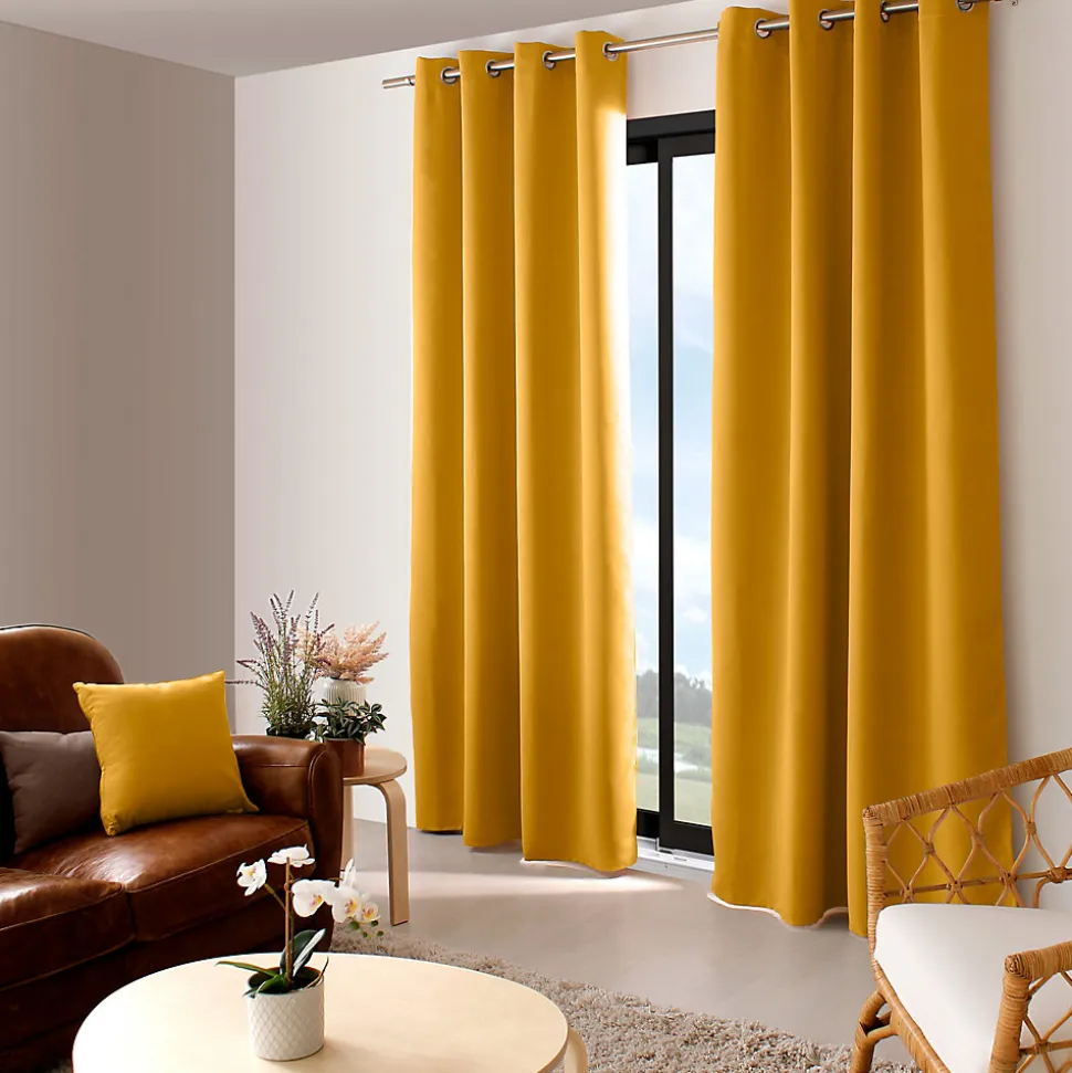 2 rideaux occultant à œillets, jaune moutarde, 140x240cm, 100% polyester, collection Réglisse, CMADECO