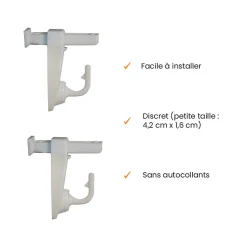2 Supports Clic, Sans Perçage, pour Tringle à Rideau et Voilage, Blanc Mat, Crochets Modulables