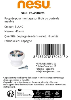 6 Un. bouton poignées de meuble Vintage Retro bois laqué blanc horloge - diamètre 40MM