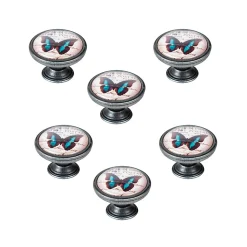 6 Un. bouton poignées de meuble Vintage Retro métal argent vieux papillon - diamètre 37MM