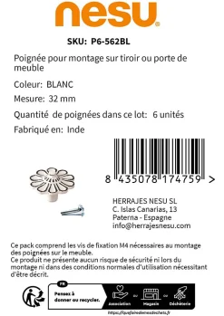 6 Un. bouton poignées de meuble SHABBY CHIC fer vieilli patine blanc - diamètre 47MM de la craie usé