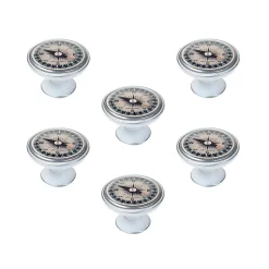 6 Un. bouton poignées de meuble Vintage Retro métal argent patine blanc boussole - diamètre 37MM