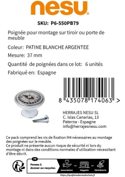 6 Un. bouton poignées de meuble Vintage Retro métal argent patine blanc boussole - diamètre 37MM
