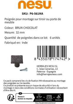 6 Un. bouton poignées de meuble SHABBY CHIC fer vieilli patine marron mat 31x31x27mm de la craie usé