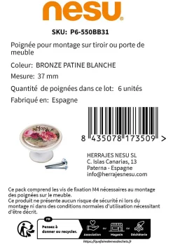 6 Un. bouton poignées de meuble Vintage Retro métal bronze patine blanc BEAUTY - diamètre 37MM