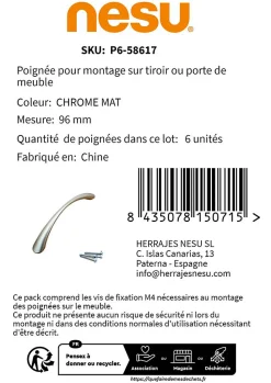 6 Un. poignées de meuble chromé mat - entraxe 96MM