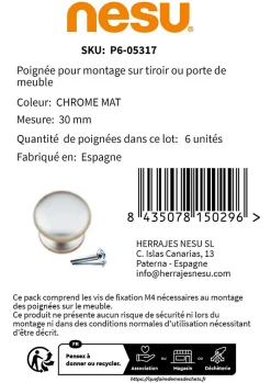 6 Un. poignées de meuble chromé mat - diamètre 30MM