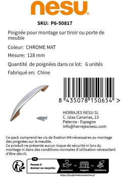 6 Un. poignées de meuble chromé mat - entraxe 128MM