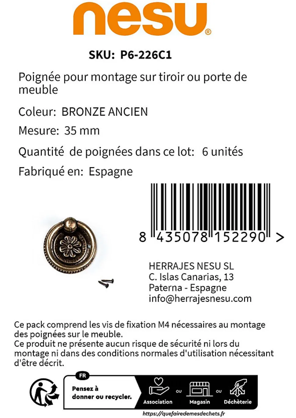 6 Un. poignées de meuble anneau bronze vieilli - diamètre 35MM