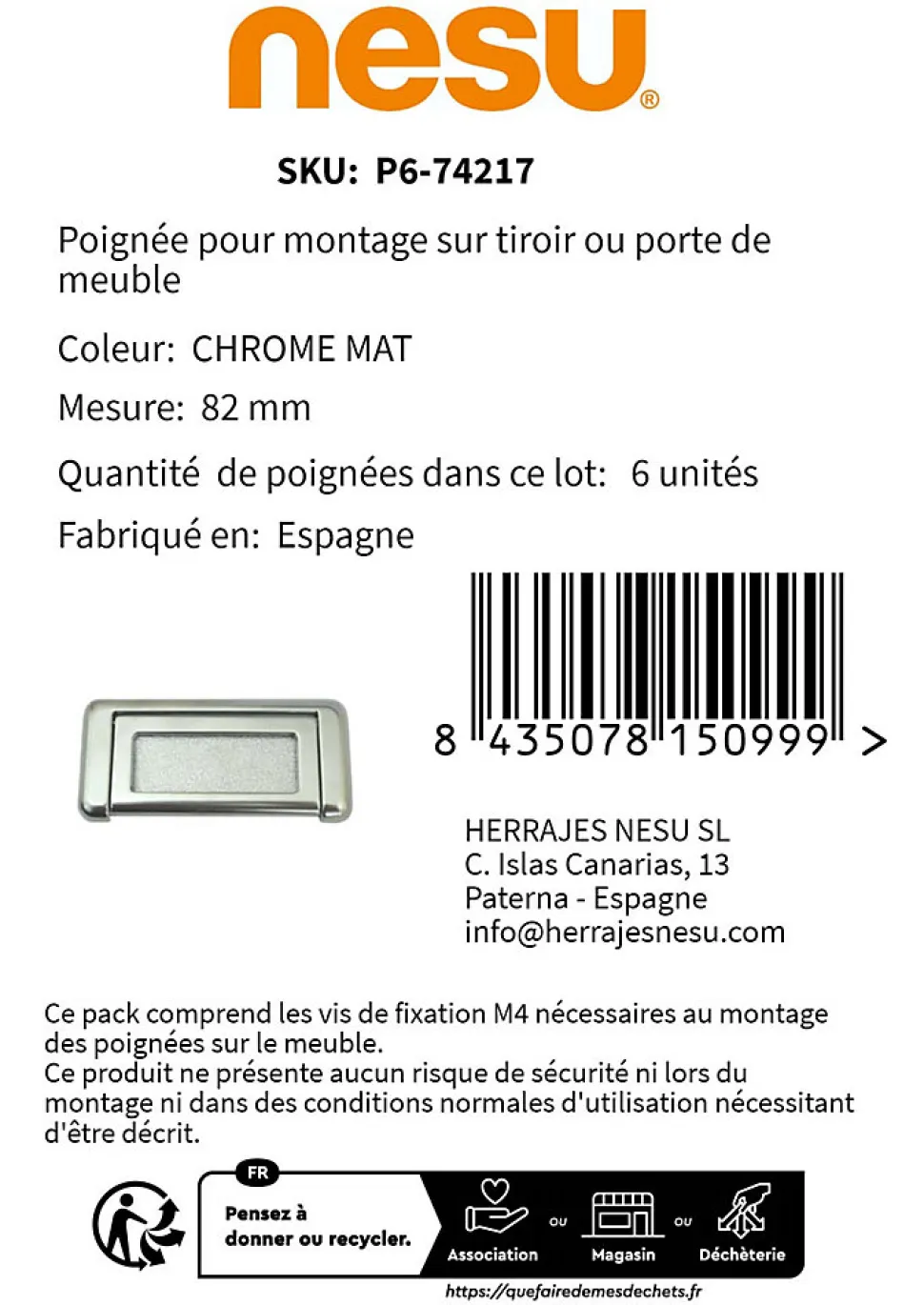 6 Un. poignées de meuble chromé mat pour tiroir o armoire 34x82MM