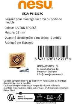 6 Un. poignées de meuble en bronze mat pour commode armoire 26x26mm