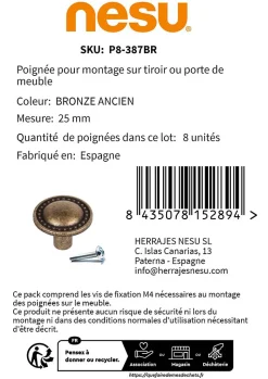 8 Un. poignées de meuble en bronze vieilli tiroir classique - diamètre 25MM