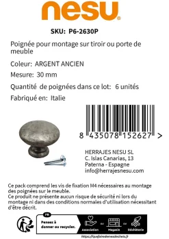 6 Un. poignées de meuble en argent âgé pour tiroir - diamètre 30MM