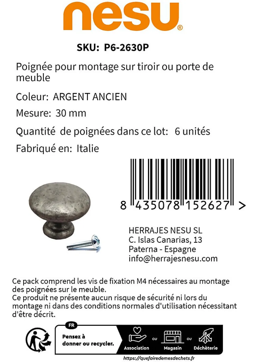 6 Un. poignées de meuble en argent âgé pour tiroir - diamètre 30MM