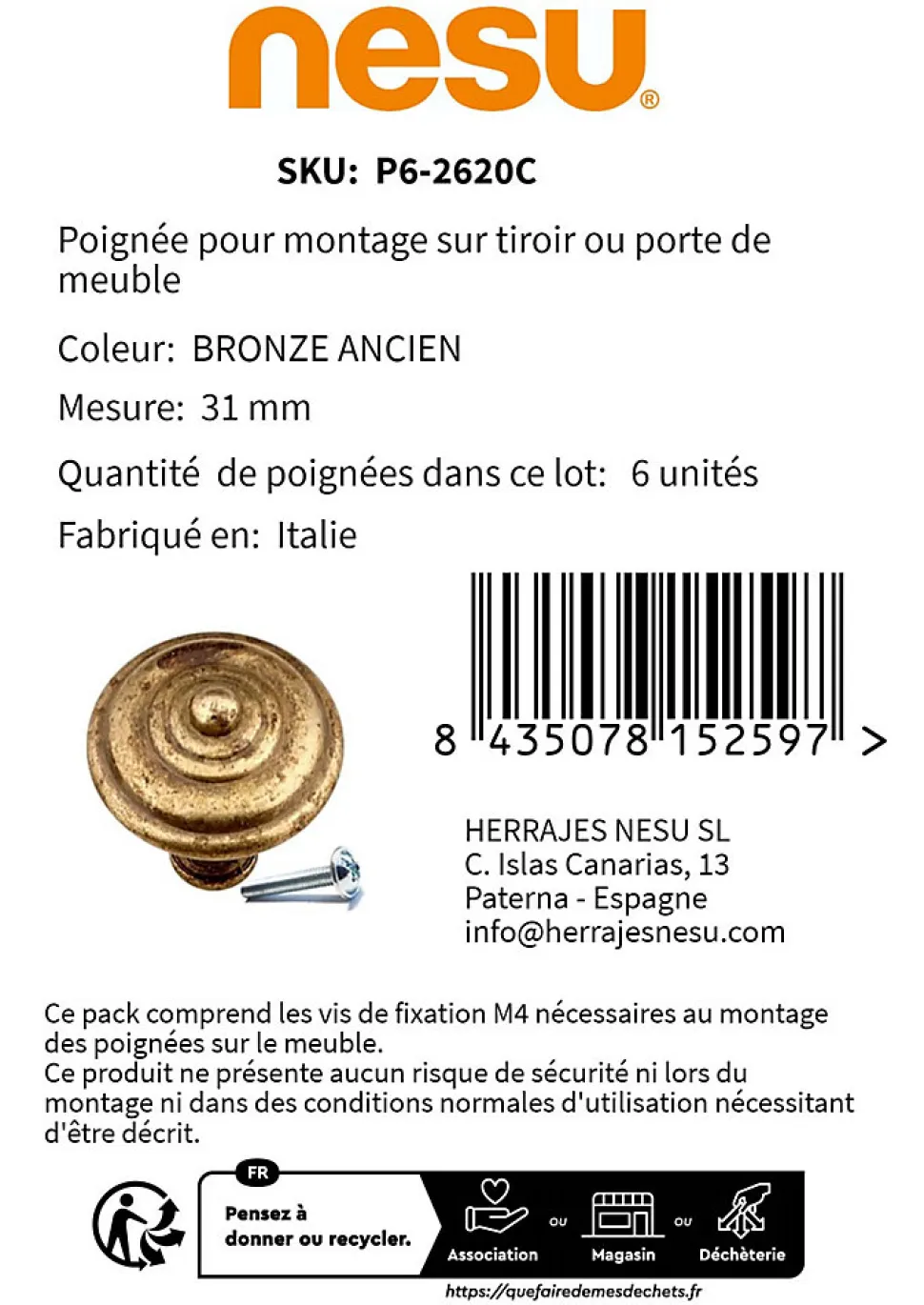 6 Un. poignées de meuble en bronze vieilli pour tiroir - diamètre 31MMX29MM