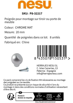 8 Un. poignées de meuble en chromé mat - diamètre 20MM