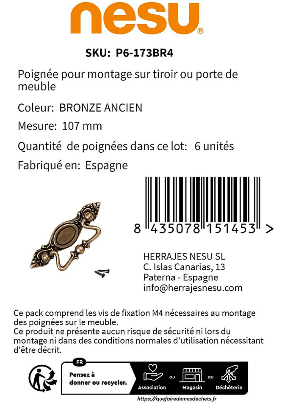 6 Un. poignées de meuble en bronze vieilli tiroir classique 107x38MM