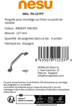 6 Un. poignées de meuble en argent vieux tiroir classique - entraxe 96MM