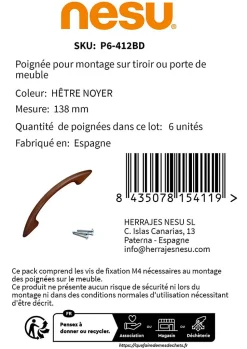 6 Un. poignées de meuble en bois hêtre laqué noyer - entraxe 96MM