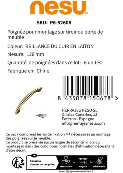 6 Un. poignées de meuble en laiton pour porte cuisine - entraxe 96MM