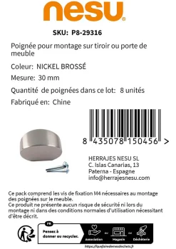 8 Un. poignées de meuble en nickel brossé de 30x12MM