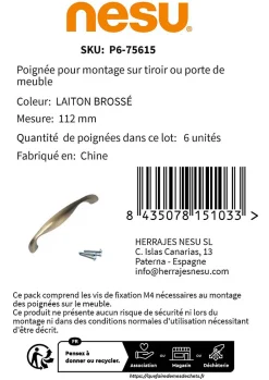 6 Un. poignées de meuble en laiton brossé pour porte cuisine - entraxe 96MM