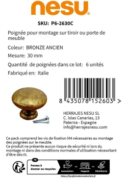 6 Un. poignées de meuble en bronze vieilli pour tiroir - diamètre 30MM
