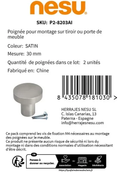 2 Un. poignées de meuble en acier inoxydable massif qualité AISI-304 - diamètre 30X28MM