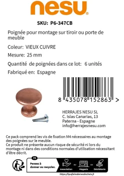 6 Un. poignées de meuble en cuivre vieux tiroir classique - diamètre 25MM