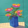 Affiche vase bleu et fleurs roses l.40 x H.50 cm Dada Art