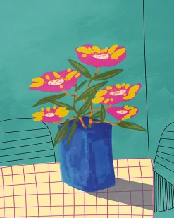 Affiche vase bleu et fleurs roses l.40 x H.50 cm Dada Art