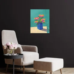 Affiche vase bleu et fleurs roses l.40 x H.50 cm Dada Art
