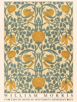 Affiche William Morris motifs, exposition, fleurs, feuilles l.30 x H.40 cm orange, bleu, beige