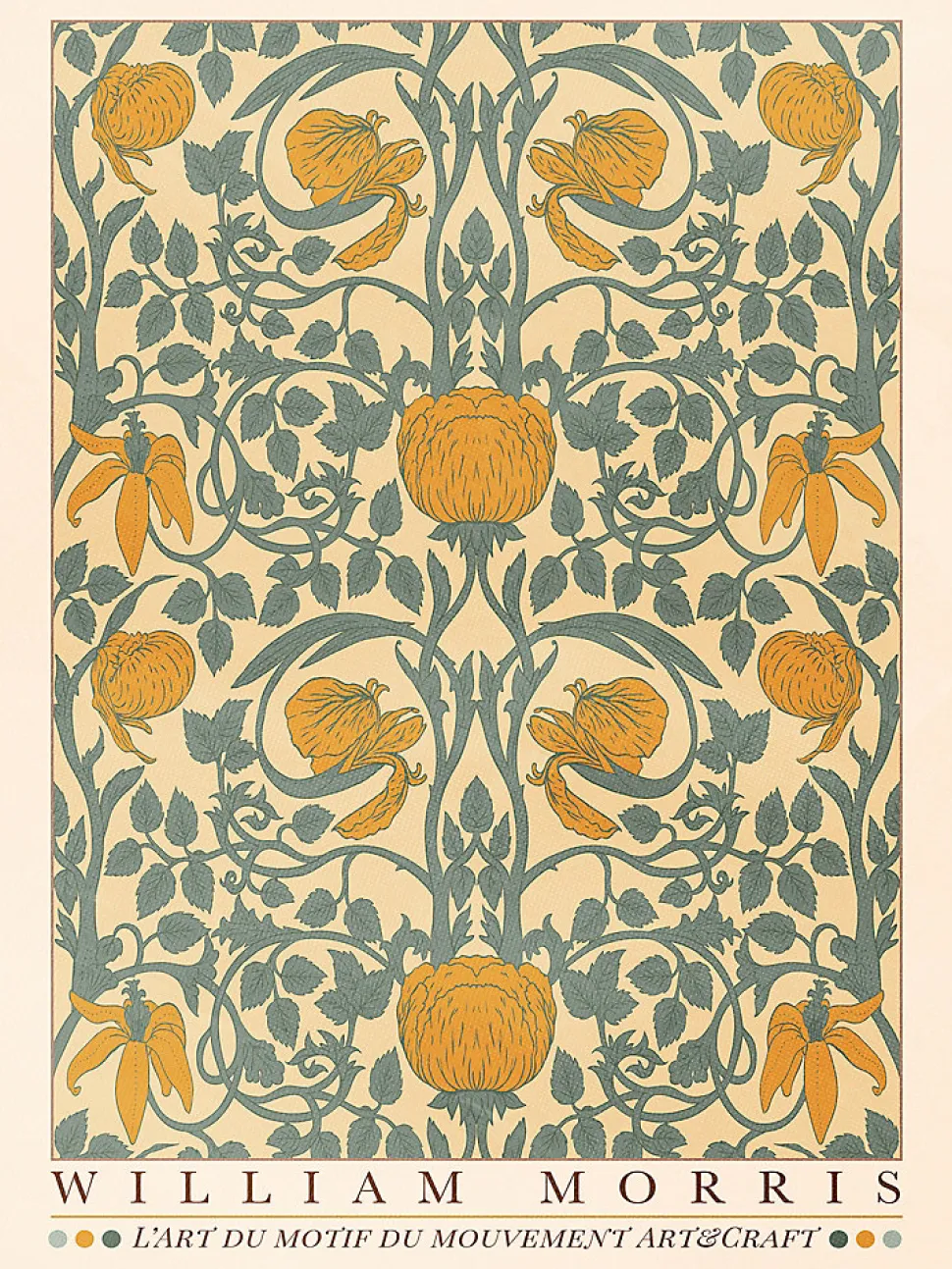 Affiche William Morris motifs, exposition, fleurs, feuilles l.30 x H.40 cm orange, bleu, beige