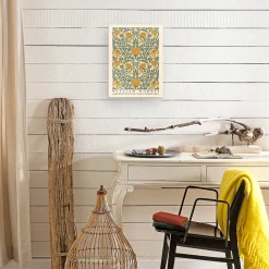 Affiche William Morris motifs, exposition, fleurs, feuilles l.30 x H.40 cm orange, bleu, beige