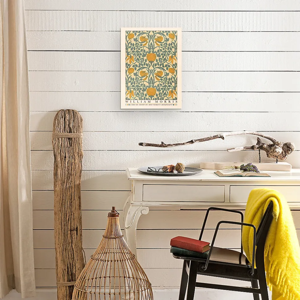 Affiche William Morris motifs, exposition, fleurs, feuilles l.30 x H.40 cm orange, bleu, beige
