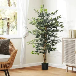 Arbre artificiel plante artificiel ficus banian hauteur 1,3 m tronc branches liane lichen feuilles grand réalisme pot inclus