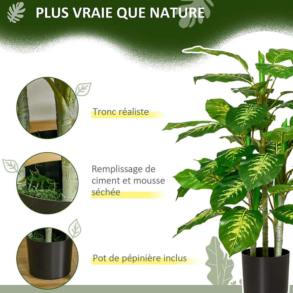 Arbre artificiel plante artificielle Calathea H. 95 cm tronc branches lichen feuilles grand réalisme pot inclus