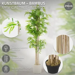 Bambou artificiel 210 cm, Plante artificielle grande avec tige en bois véritable